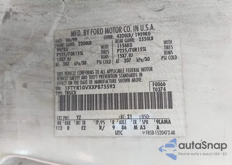 1999 Ford Ranger Xl/Xlt из США, поврежденный, VIN 1FTYR10VXXPB75593